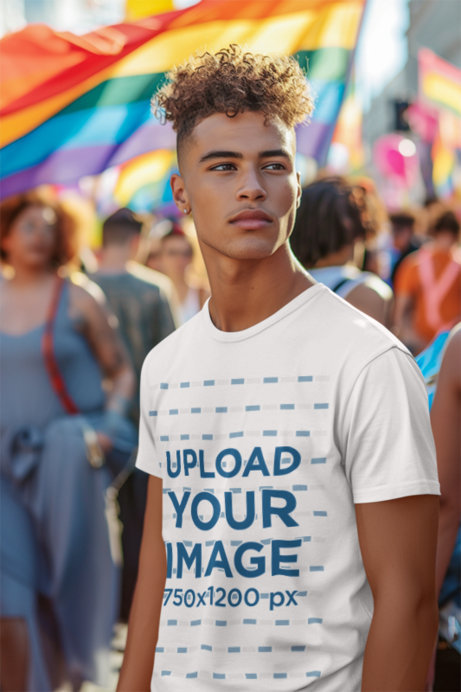 Placeit Ai Created Mockup Of A Man Wearing A Round Neck T Shirt At A Gay Pride March