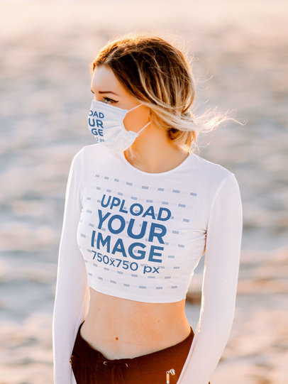 Crop Top Mockup of a Woman Wearing a Face Mask by the Beach 45050-r-el2