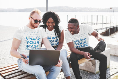 T-Shirt Mockup of a Group of Friends Using a Laptop 44760-r-el2
