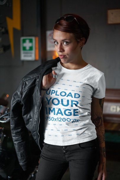 Mockup of a Biker Woman with a T-Shirt Putting a Leather Garment On 20205a