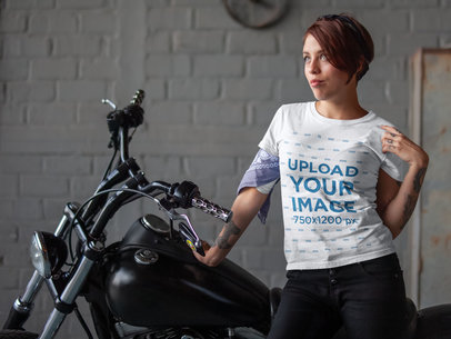 T-Shirt Mockup of a Woman Posing Next to Her Motorcycle 20211a