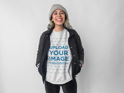 Placeit Woman Wearing a Crew Neck Sweatshirt Template While in the Metro