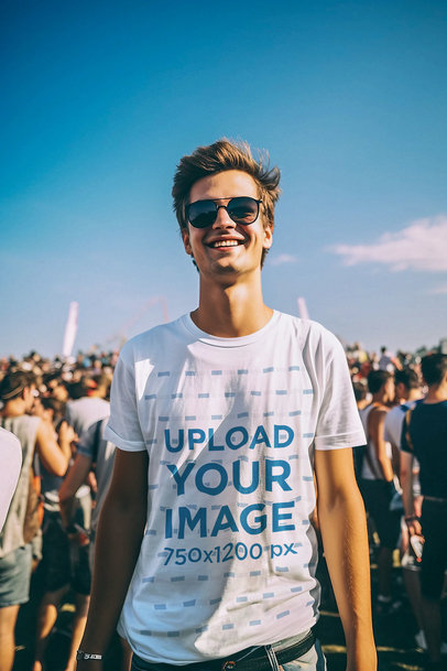 Round-Neck Tee Mockup of a Man with Sunglasses at a Music Festival