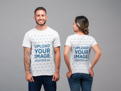 Back and Front View Tee Mockup Featuring a Man and a Woman in a Studio 22346