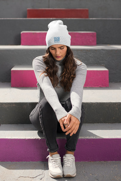 Mockup of a Pretty Woman Wearing a Beanie and a Turtleneck Sweater 24631