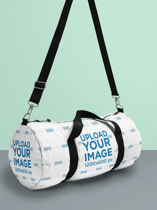 Placeit Duffle Bag Mockup Hanging Inside a BrightColored Setting