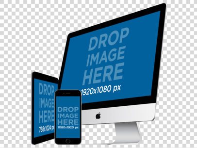 Angled iPad and iMac with a Black iPhone Responsive Mockup a11893