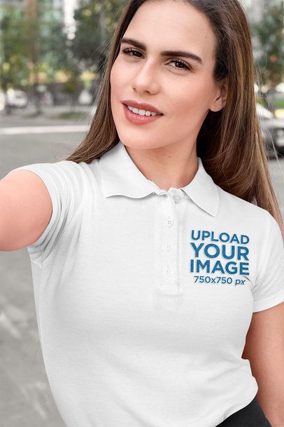 Polo Shirt Mockup Featuring a Woman Taking a Selfie 33542