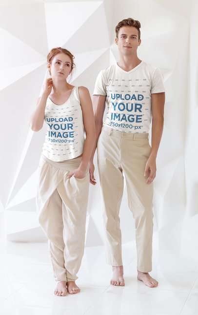 Tank Top and Tee Mockup of a Man and a Woman Standing in a Cool Set m3976-r-el2