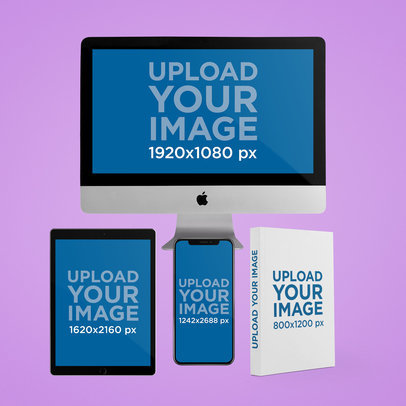 Mockup Featuring an iMac, an iPad, an iPhone 11, and a Book m6795