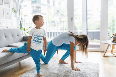 T-Shirt Mockup of a Boy Doing Yoga at Home with His Mom 44670-r-el2